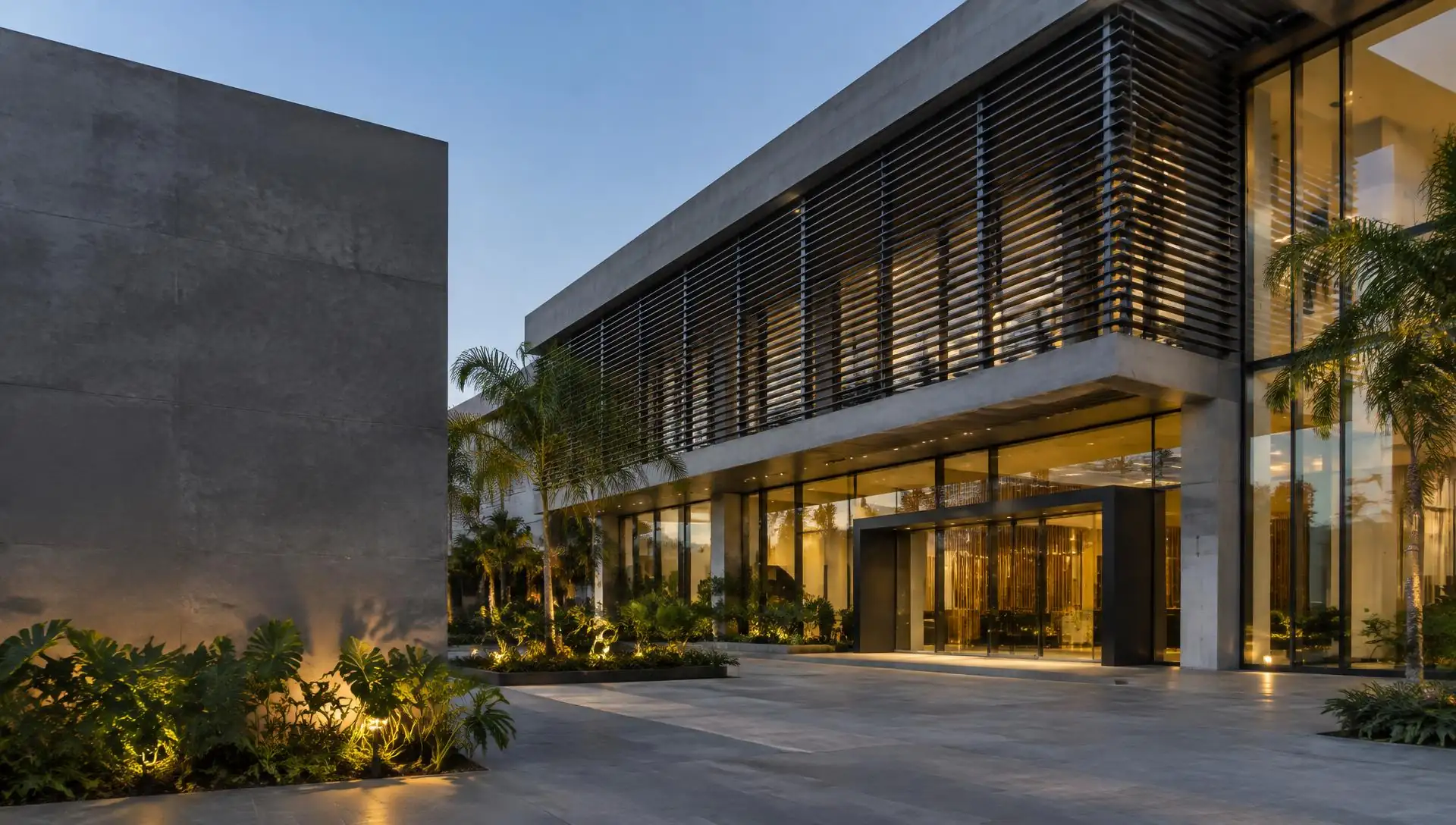 Imagem ilustrativa de edifício contemporâneo com fachada de vidro e concreto